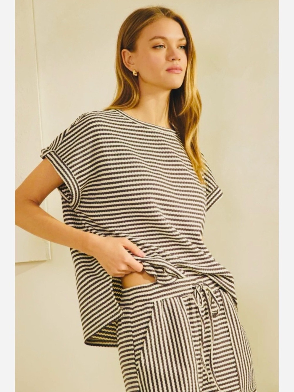 Oddi Pink & White Striped Short Sleeve Set